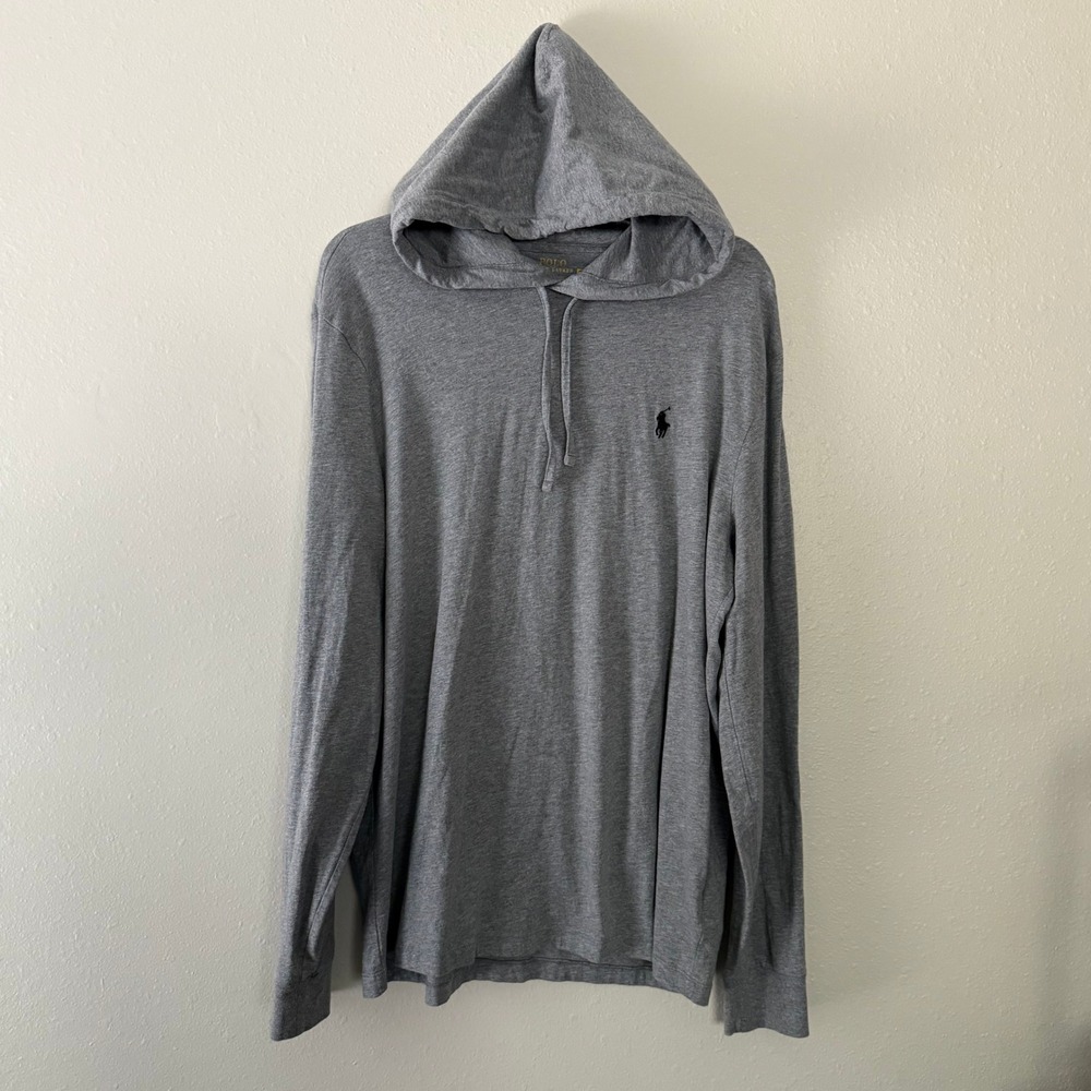 Polo Ralph Lauren Mens Heather Grey Cotton Jersey Long Sleeve Hooded Tee Large